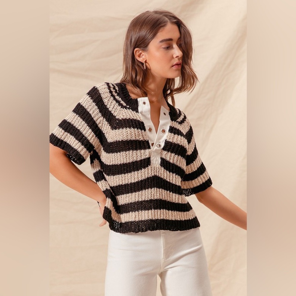 Oatmeal black eyelet boho stripe placket striped bohemian tunic top sweater - Picture 6 of 6